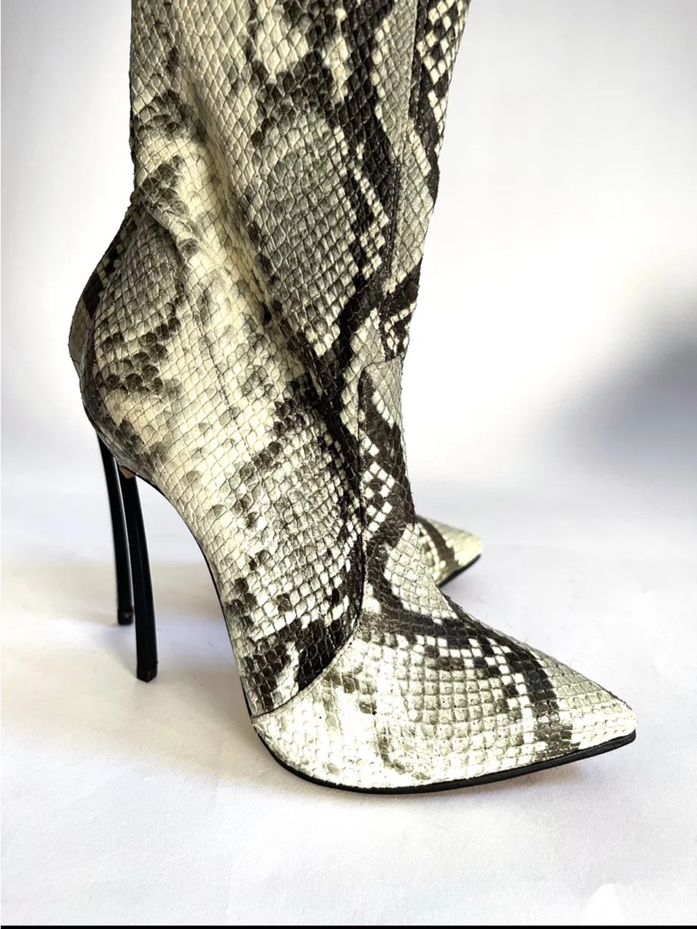 Casadei Blade Grey Python Print Stretch Over the Knee Stiletto Boots US 7